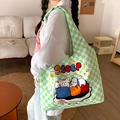Green and white checkered canvas tote bag with a cute sleeping cat and dog print - Green Checkerboard Sleep