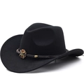 Classic black wool felt western cowboy hat with ethnic braided band and floral metal stud - M (56-58cm) Adjustable / Black
