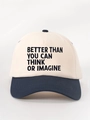 Detail of embroidered BETTER THAN slogan on navy and beige contrast baseball cap - Cream/Navy Blue