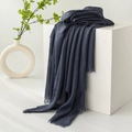 Solid deep blue cotton linen scarf with soft fringe edges and lightweight texture - Medium Blue