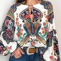 Boho-Bluse mit digitalem Papageien-Druck, Puffärmeln und aufwendigen Blumenmustern - S / Weiß