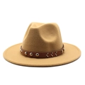 Detail of camel wool fedora hat featuring a brown leather band with silver rivets - M / Camel