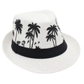 Detail of white straw fedora featuring black coconut tree embroidery and ribbon - One Size / White