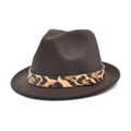 Close-up of dark brown wool felt fedora featuring a leopard print belt with gold rivet - M (56-58cm) / Coffee