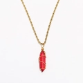 Detail of red hexagonal crystal pendant with gold wire wrap on a twist chain necklace - Dark Red