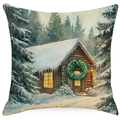 Green Christmas linen pillow cover with cozy winter forest cabin watercolor print - YMD15-8 (Snowy Cabin in Forest)