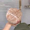 Handheld view of a round marble texture clutch bag with polished resin finish - Brown