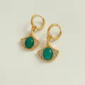 Golden fan-shaped earrings with green oval stone and sparkling white zircon accents - Gold + Green Zirconia (KDE1513)