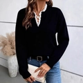 Women's black V-neck knit sweater with white lace trim detail and long sleeves - S / Black