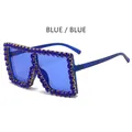 Oversized square sunglasses in matte blue frame featuring luxury blue rhinestones - Matte Blue Frame Blue Lens