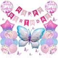 Set decorazioni compleanno a farfalla con palloncini foil sfumati e striscione rosa - Set di striscioni a farfalla blu ghiaccio