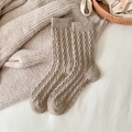 Women's warm cable-knit crew socks in elegant beige brown for autumn and winter seasons - One Size / Khaki