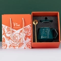 Nordic ceramic mug gift set with dark green mug, golden spoon, and elegant orange gift box - Green Diamond Starry Sky Mug Orange Gift Box