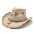 Retro western cowboy hat with gradient star patterns and woven trim on white background - Beige (Star Spray)
