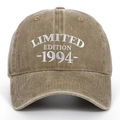 Macro detail of LIMITED EDITION 1994 white embroidery on vintage washed cotton baseball cap - Adjustable / Khaki