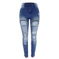 Dettaglio dei fori strappati e della trama lavata dei jeans a vita alta da donna - S / Blu scuro