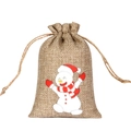 Christmas burlap drawstring gift bag with festive snowman print and rustic jute texture - Happy Snowman B-01 / 10*15cm