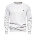 Macro-opname van witte sweatshirt details met hoogwaardige katoenstructuur en merklogo - M / Zuiver Wit