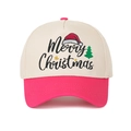 Close-up of Merry Christmas embroidery on a beige and pink five-panel baseball cap - Adjustable / Cream/Rose Red
