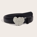 Cintura da donna in pelle nera con fibbia a doppio cuore in argento e strass scintillanti - Nero Fibbia Strass Doppio Cuore