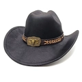 Detail of black woven cowboy hat with leather band and bronze bull skull ornament - Striped Black