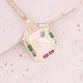Macro view of octagonal gold pendant featuring a hummingbird and colorful zircon stones - Hummingbird Octagon Style (9#)