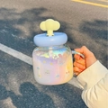 Iridescent glass cup with blue lid, yellow cloud straw cap and cute animal print - 750ml / Blue