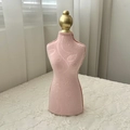 Pink fabric mannequin jewelry display stand with floral relief and golden top finial - Pink Embossed Female Model