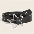 Close-up van zilveren sterrengesp en metalen studs op zwarte punk-stijl lederen riem - Zwarte Enkele Rij Ster Gesp