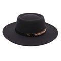 Detail of wool felt wide brim hat featuring a brown band and gold diamond buckle - Dark Gray