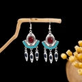 Bohemian fan-shaped tassel earrings in retro silver finish with red and blue beads - Silver + Red Stone + Fan Tassel (E2567)