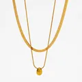 Gold double-layered necklace featuring flat snake chain and water drop pendant necklace - Gold Water Drop Style (KDD700)