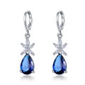 Elegant silver teardrop earrings with deep blue pear-shaped zircon and flower design - Royal Blue Rhinestone