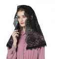 Elegant vintage black floral lace wedding veil with delicate eyelash trim on female model - Style 1 Black