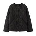 Veste matelassée noire minimaliste avec col rond et fermeture à boutons en vue de face - XS / Hauts / Noir