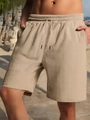 Men's summer casual shorts in light khaki herringbone jacquard texture with drawstring waist - S / Khaki