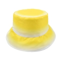 Detail of gradient bright yellow and white bucket hat with a flat top and wide brim - Yellow Gradient
