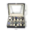 Black 10-slot leather watch box with glass window and white contrast stitching - 10-Slot Watch Box