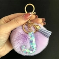Détail de porte-clés pompon violet avec pendentif lettre J en résine et fermoir doré - Lettre J