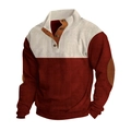 Dettaglio del maglione polo in maglia bianca e rossa con colletto a bottoni e toppe marroni - S / Rosso Vino