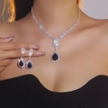Luxury silver bridal jewelry set with black teardrop gemstones and sparkling rhinestones - Silver Black Zirconia