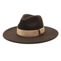 Detail of dark brown wool fedora hat featuring a satin ribbon and golden bee metal pin - M (56-58cm) / Brown