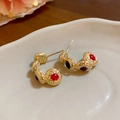 Golden C-shaped vintage earrings with colorful stones and hammered metal texture - Gold Ring Hoop Style (53#)