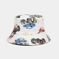 Close-up of white bucket hat with colorful cartoon monster truck prints and black lining - Monster Truck Print White (1#)