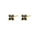 Elegant gold flower stud earrings with four round black gemstones in a prong setting - Gold Black Stone Flower Studs