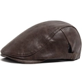 Classic men's brown PU leather newsboy flat cap with vintage textured finish and brim - Adjustable / Dark Coffee