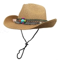 Straw cowboy hat with bohemian colorful bead band and turquoise stone detail - M (56-58cm) / Khaki