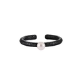 Detail view of a textured open ring with a single white pearl on a clean white background - Adjustable Open / Black