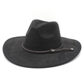 Macro detail of black suede wide brim fedora with brown leather braided band and silver buckle - M (56-59cm) / Black Suede