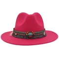Macro detail of fuchsia fedora with turquoise beadwork and ethnic fringe trim - Rose Red (Ethnic Decorative Band)